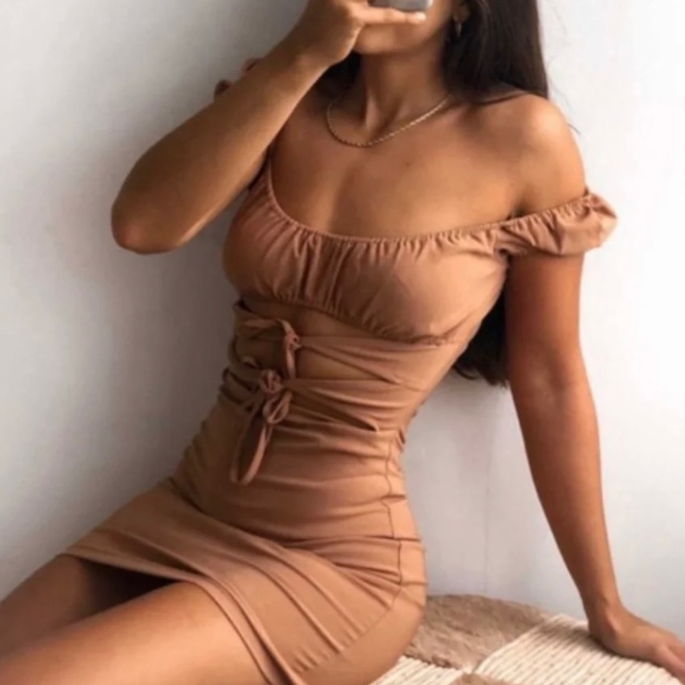 Tiger Mist Brown Mini Off Shoulder Dress